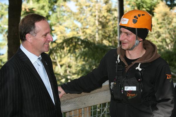 Prime Minister John Key with Ziptrek Guide Tom Rhodes.